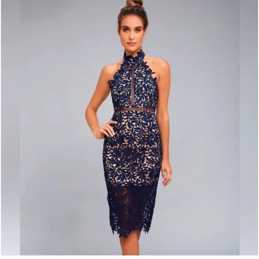 Lulu’s NWT Lace Halter Open Back Navy Blue Midi Dress Size XS